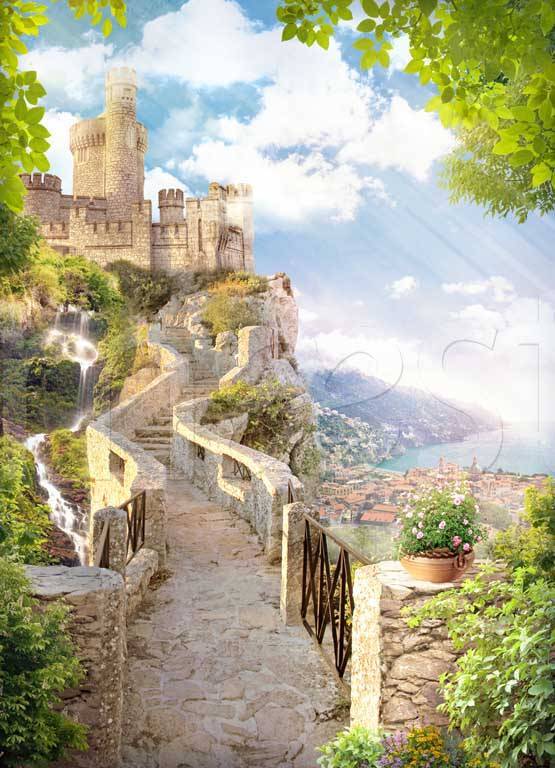 Фотообои Тропа ведущая к замку и водопаду